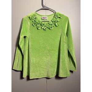 Storybook Heirlooms L Lime Green Velour Top Floral Applique Retro 90s Y2K Brat